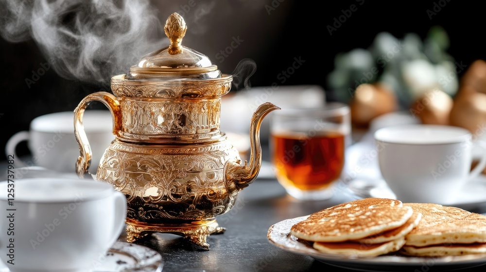 Golden teapot with steaming tea, cups, and pancakes on table Golden teapot with steaming tea, cups, and pancakes on table