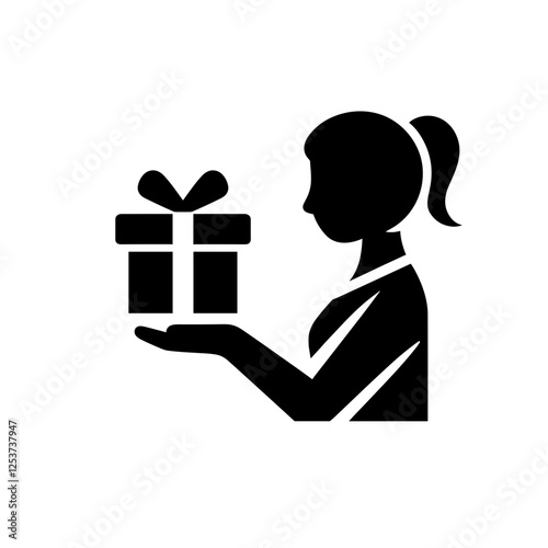 Minimalist black and white silhouette of a woman holding a wrapped gift box with a bow. Modern vector-style icon symbolizing generosity, surprise, holiday giving, celebration, charity, and acts