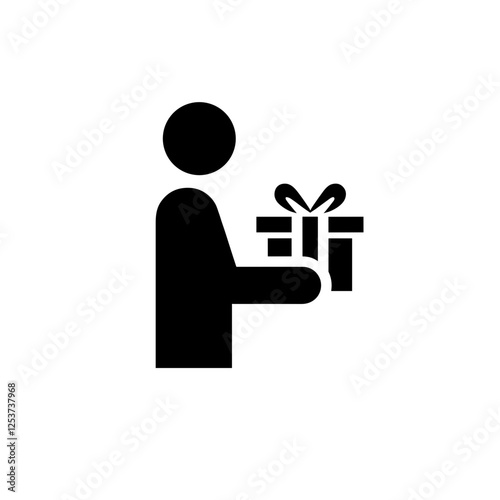 Minimalist black and white gift-giving icon featuring a simplified human figure holding a wrapped present with a bow. Modern vector-style pictogram symbolizing generosity, holiday celebrations, charit