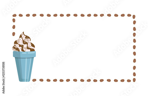 Frame, coffee border. Drink chilled with ice in disposable plastic cups. Coffee beans. Glass of dessert, with whipped cream, chocolate or caramel filling and carbonated drink.