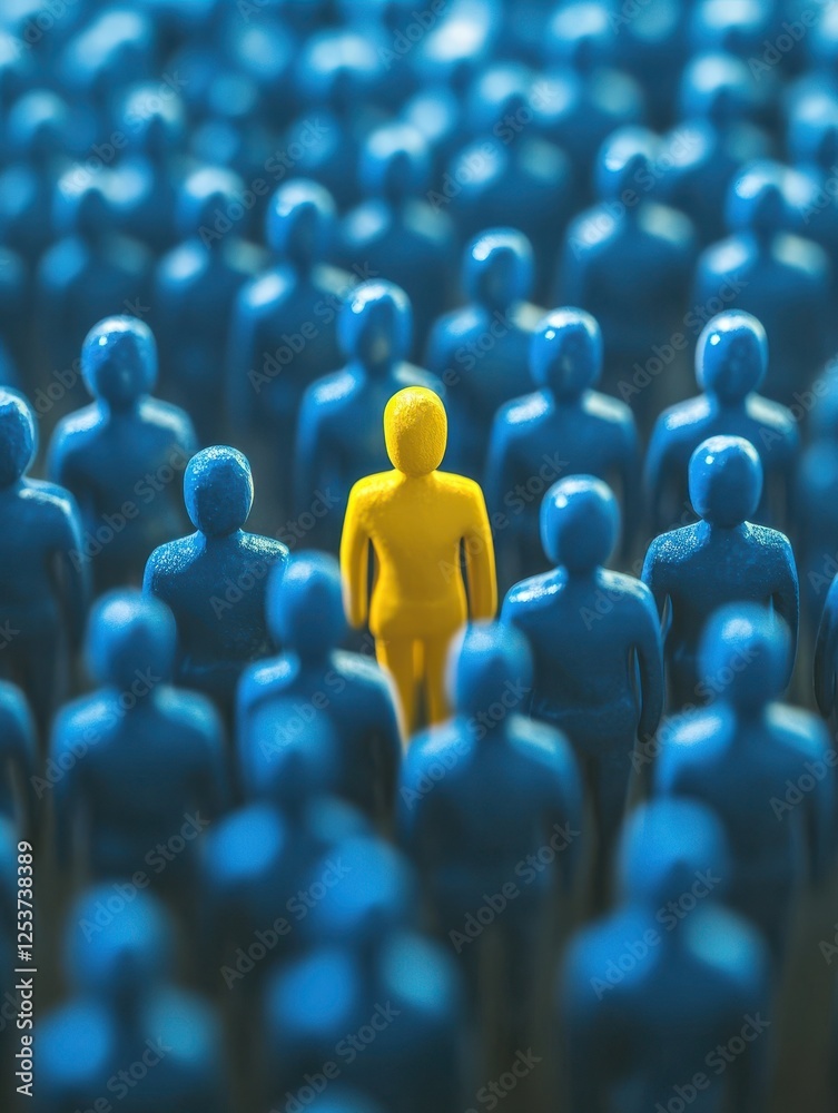 Obraz premium Yellow Figure Standing Out in a Crowd of Blue Figures, Symbolizing Individuality, Leadership, and Unique Identity in Recruitment and Business Strategy.