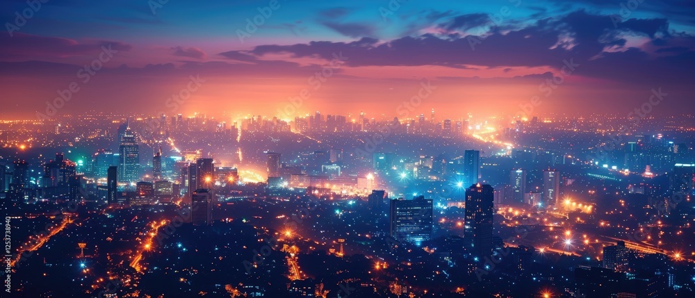 Obraz premium A stunning cityscape at dusk with vibrant lights illuminating the skyline and a colorful sky creating a beautiful urban evening scene.