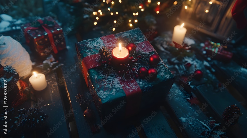 Obraz premium Christmas Gift Box with Candlelight and Snow Festive Winter Scene