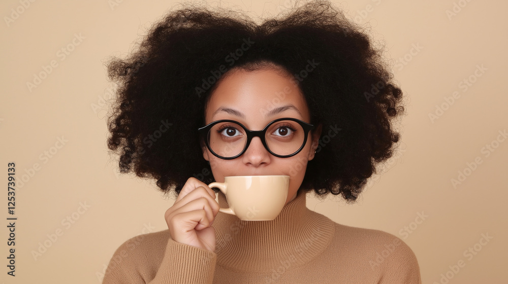 A young woman with curly hair and black glasses sips from a beige coffee cup while wearing a cozy turtleneck sweater. The monochromatic neutral background complements the warm, stylish, and modern A young woman with curly hair and black glasses sips from a beige coffee cup while wearing a cozy turtleneck sweater. The monochromatic neutral background complements the warm, stylish, and modern