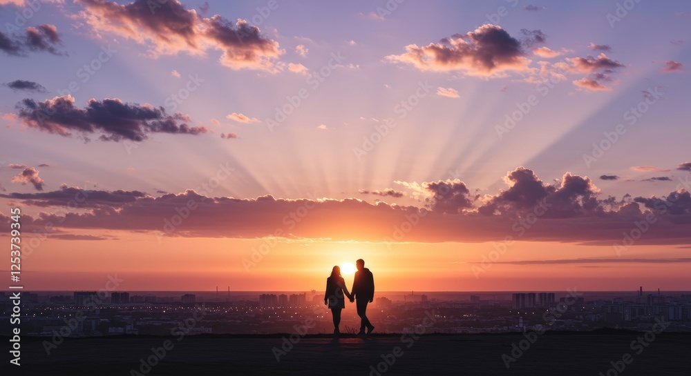 Couple Silhouette at Sunset Over City - Romantic couple silhouetted against a vibrant sunset, overlooking a cityscape. Symbolizing love, hope, togetherness, dreams, and new beginnings. Couple Silhouette at Sunset Over City - Romantic couple silhouetted against a vibrant sunset, overlooking a cityscape. Symbolizing love, hope, togetherness, dreams, and new beginnings.