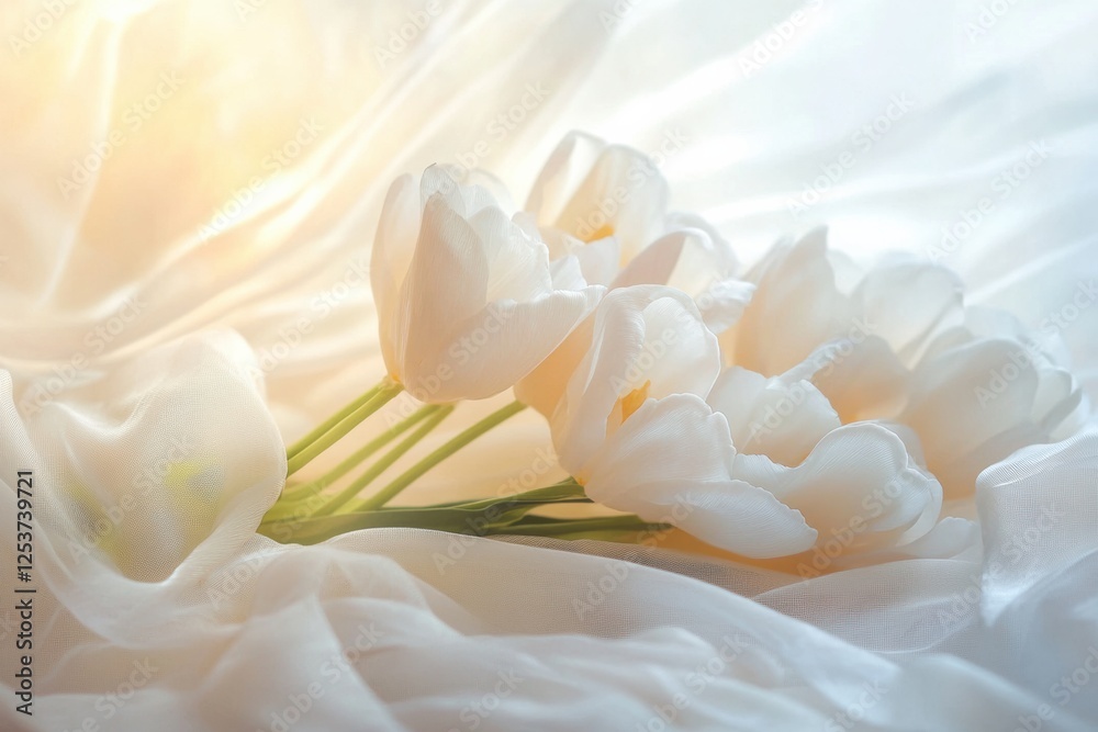 Elegant white tulips resting on flowing silk fabrics with soft lighting and a neutral background for a serene atmosphere. Generative AI Elegant white tulips resting on flowing silk fabrics with soft lighting and a neutral background for a serene atmosphere. Generative AI
