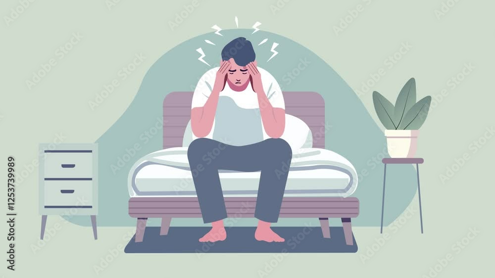 Man sitting on a bed, holding his head with both hands, portraying discomfort from a headache and sleep disorder. Insomnia, stress, and fatigue Concept
