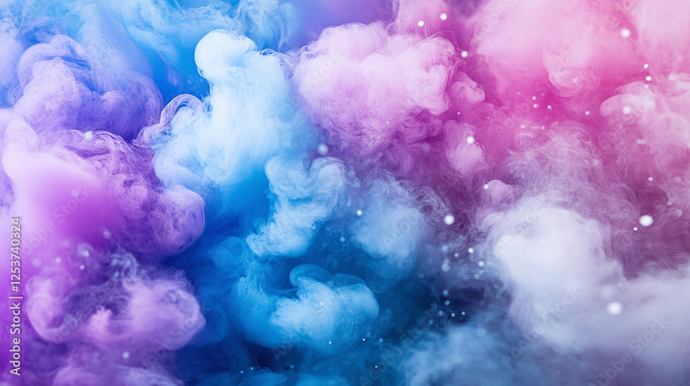 Fototapeta premium Abstract clouds of colored pigment blend and swirl, forming a mesmerizing gradient from blue to purple to pink with soft edges. The effect is serene and captivating.
