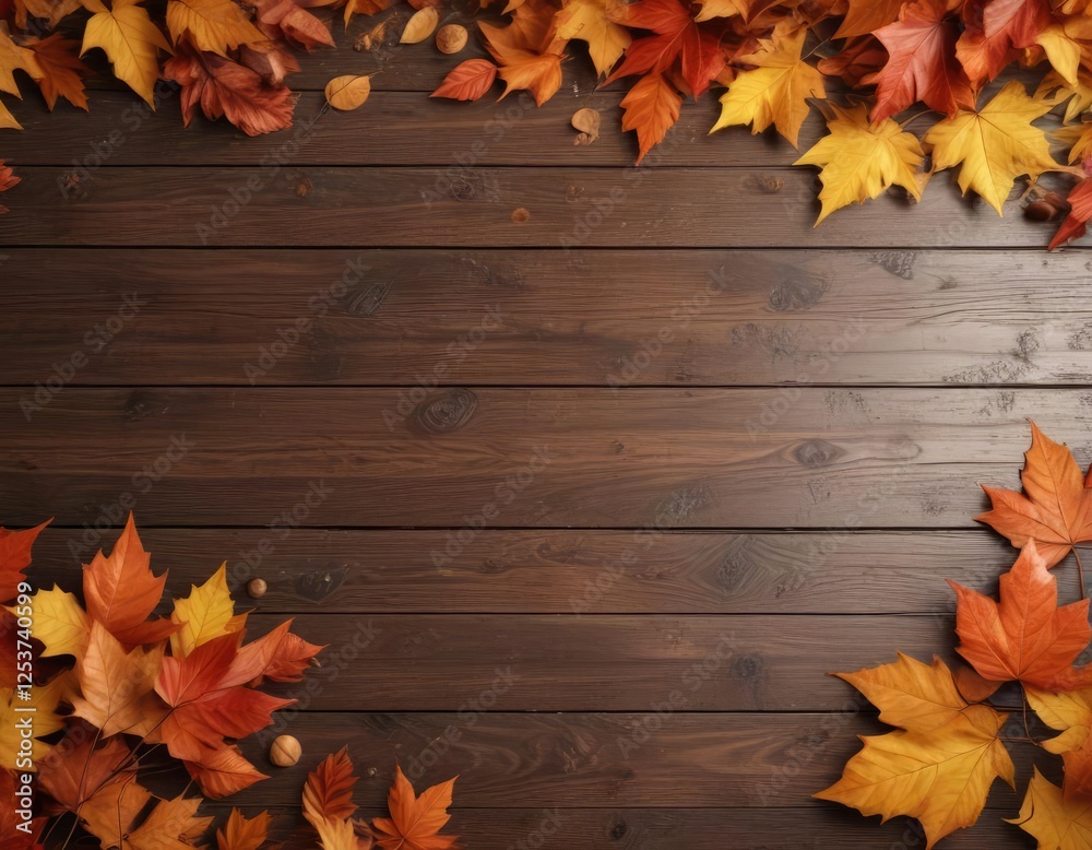 Obraz premium Warm autumn leaves scattered on wooden surface background, fall foliage, thanksgiving table decoration
