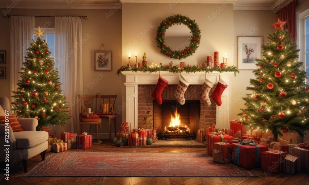 Warm and cozy Christmas living room with stockings and ornaments, colorful ornaments, festive stockings, snug atmosphere Warm and cozy Christmas living room with stockings and ornaments, colorful ornaments, festive stockings, snug atmosphere