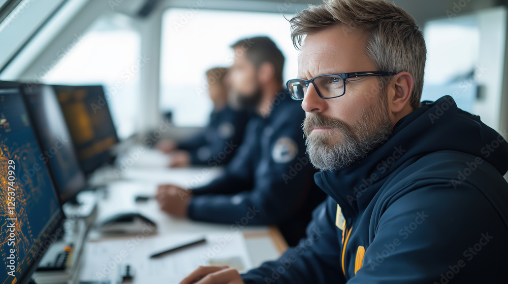 Focused Caucasian ship officer with beard navigating using electronic charts ensuring safe passage Professionalism & tech in maritime transport Focused Caucasian ship officer with beard navigating using electronic charts ensuring safe passage Professionalism & tech in maritime transport