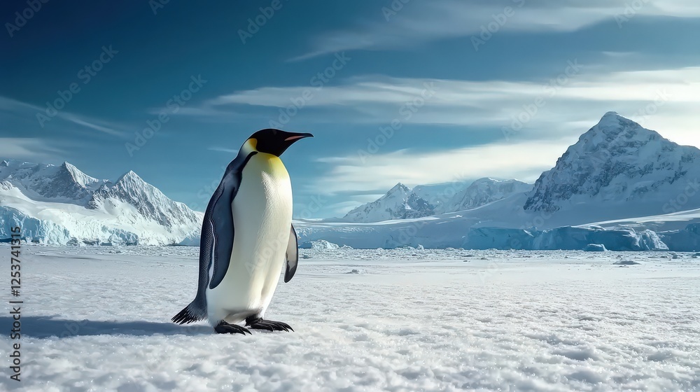 Obraz premium A majestic emperor penguin standing on an Antarctic ice sheet, gazing into the distance