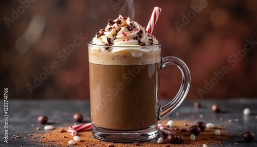 Velvety peppermint mocha in glass mug on wooden table, festive delight
