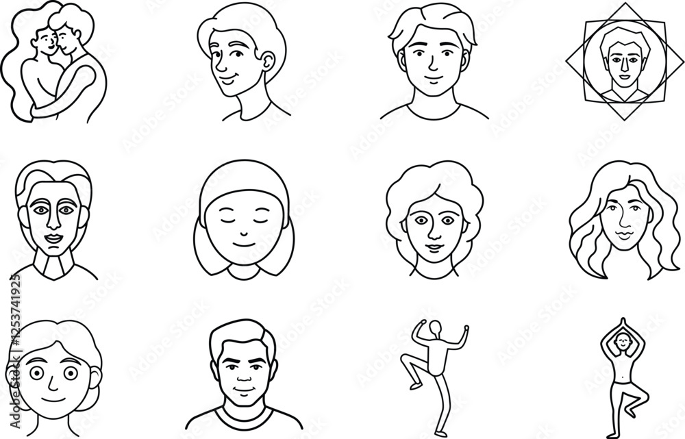 Line art icons diverse people, couples, yoga, and portraits