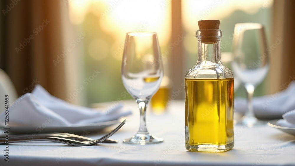 Square Glass Bottle Mockup, Dining table setup clear view square glass bottle with vinegar photorealistic. Square Glass Bottle Mockup, Dining table setup clear view square glass bottle with vinegar photorealistic.