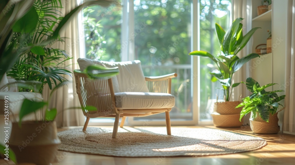 Cozy living room with a wooden chair, lush green plants, and natural light streaming through large windows, creating a serene ambiance. Cozy living room with a wooden chair, lush green plants, and natural light streaming through large windows, creating a serene ambiance.