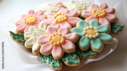 A plate filled with beautifully decorated cookies featuring vibrant flower designs, showcasing artistic pastry work and culinary creativity.