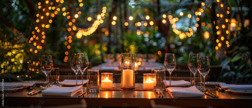 Cozy outdoor dining setup with hanging lights and candlelit table. Elegant ambiance perfect for romantic dinners or special occasions. Cozy outdoor dining setup with hanging lights and candlelit table. Elegant ambiance perfect for romantic dinners or special occasions.