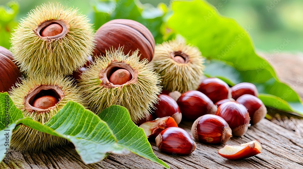 Fresh Chestnuts in Spiky Husks on Wooden Table with Green Background Fresh Chestnuts in Spiky Husks on Wooden Table with Green Background