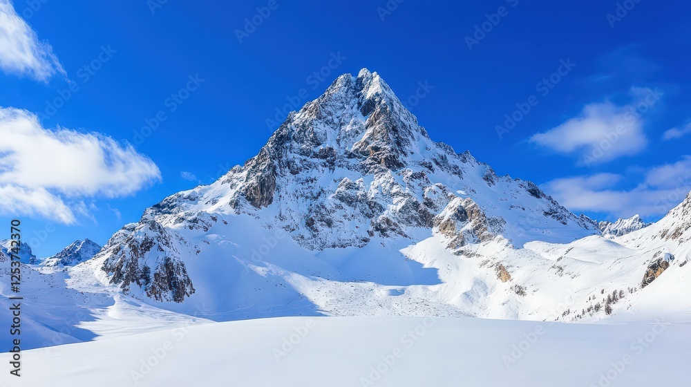 Fototapeta premium A majestic volcanic peak covered in snow, deep blue sky and dramatic sunlight illuminating the slopes