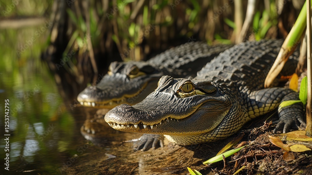 Crocodiles rest on the riverbank, partially submerged in water, showcasing their powerful bodies and sharp features in a natural habitat setting. Crocodiles rest on the riverbank, partially submerged in water, showcasing their powerful bodies and sharp features in a natural habitat setting.