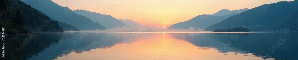 Tranquil morning scene on a serene mountain lake, dawn, calm Tranquil morning scene on a serene mountain lake, dawn, calm