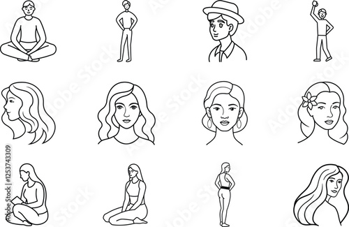 Simple Line Art Illustrations People Poses, Hairstyles, and Attitudes