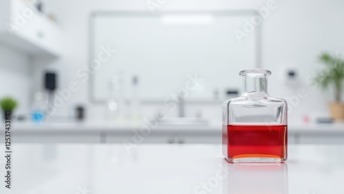 Square Glass Bottle Mockup, Laboratory bench clear square glass bottle with red fluid photorealistic.
