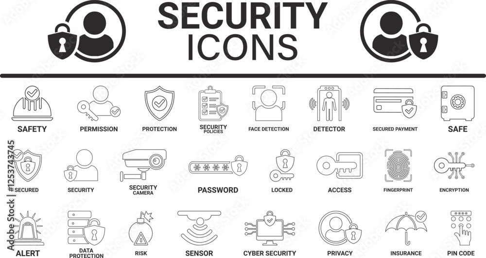 Fototapeta premium Security icon set. Containing secured payment, encryption, safety, insurance, data protection, detector, sensor, locked, password, and cybersecurity icon. Solid icon collection. Line art icons design,