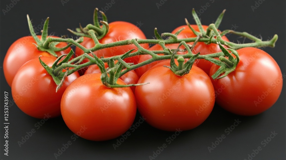 Closeup of Fresh Ripe Red Tomatoes on the Vine Against a Dark Background Closeup of Fresh Ripe Red Tomatoes on the Vine Against a Dark Background