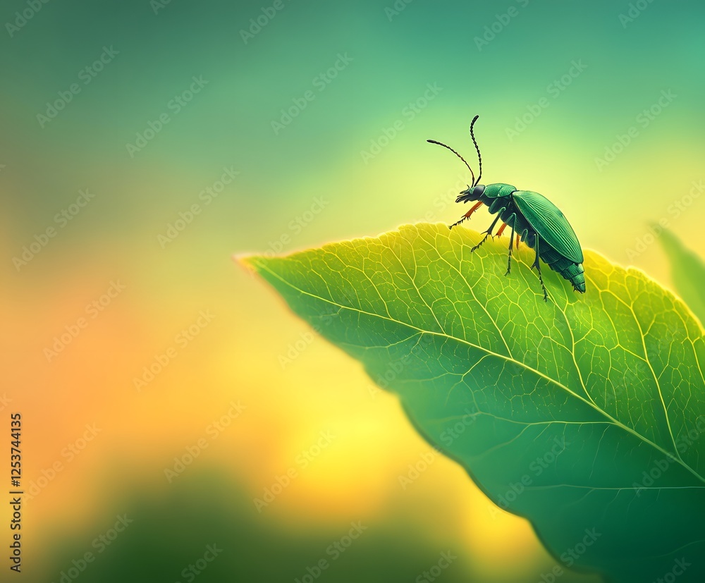 Fototapeta premium Soft green foliage merging into a glowing sky with a tiny beetle crawling on the edge of a vibrant leaf.