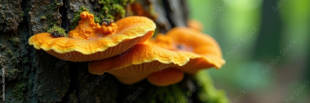 Fungal growths on the lower part of tree trunk, closeup, organism Fungal growths on the lower part of tree trunk, closeup, organism