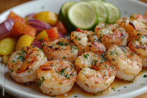 Grilled shrimp platter coastal restaurant food photography gourmet presentation close-up view culinary artistry photo