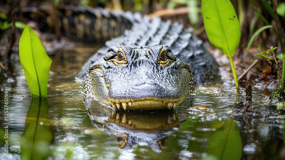 A large alligator floats quietly on the water's surface, showcasing its powerful body and keen eyes in a natural habitat setting. A large alligator floats quietly on the water's surface, showcasing its powerful body and keen eyes in a natural habitat setting.