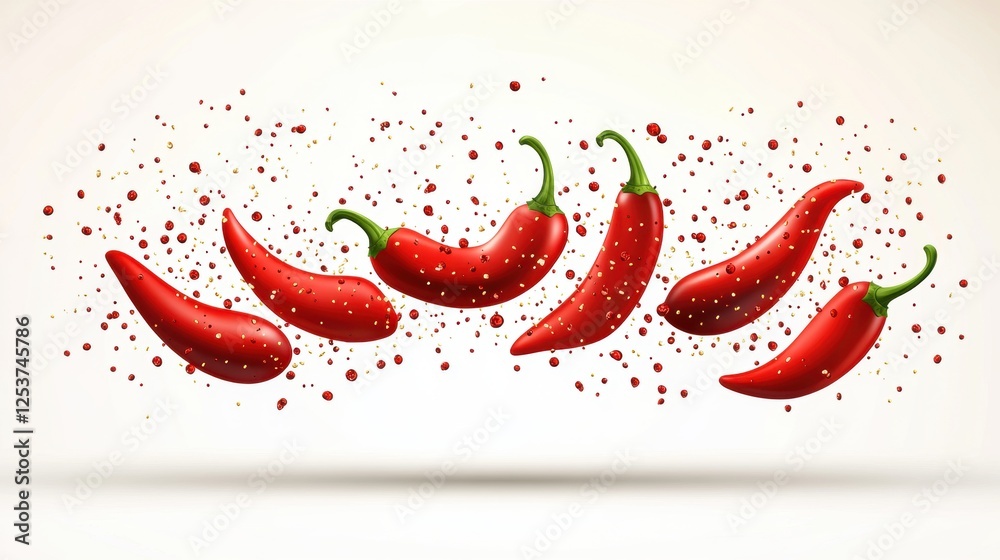 Dynamic Arrangement of Fresh Red Chili Peppers with Sprinkles of Spices on a Neutral Background Dynamic Arrangement of Fresh Red Chili Peppers with Sprinkles of Spices on a Neutral Background