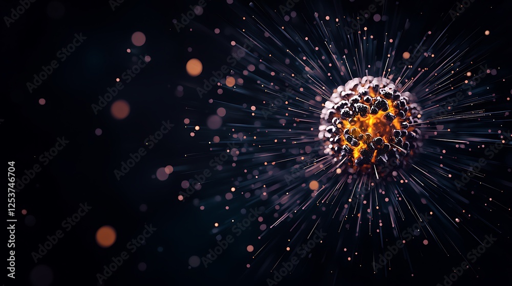 Fototapeta premium Abstract representation of a virus particle with glowing details against a dark background