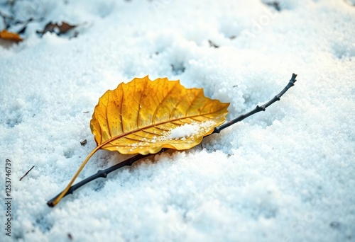 Withered yellow leaf on the ground, attached to a thin twig lying in the snow, winter, leaf