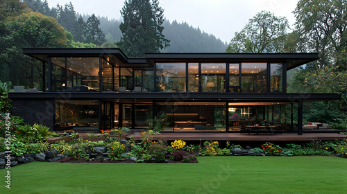 Modern glass house, forest background, luxury home