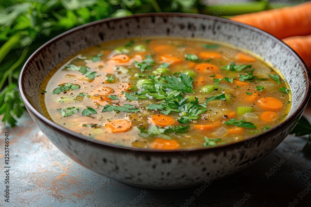 Homemade vegetable soup with carrots and celery kitchen food photography cozy atmosphere top-down view healthy eating Homemade vegetable soup with carrots and celery kitchen food photography cozy atmosphere top-down view healthy eating