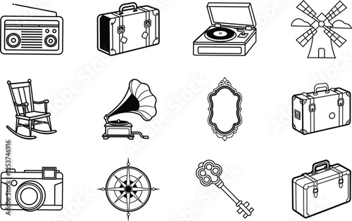Vintage Travel Icons Radio, Suitcases, Records, Windmill, Nostalgia