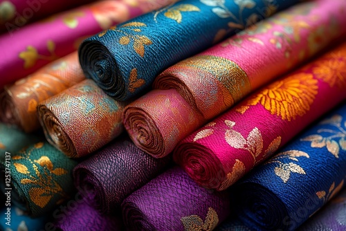 Vibrant rolls of decorative fabric showcasing intricate floral patterns stacked artistically photo