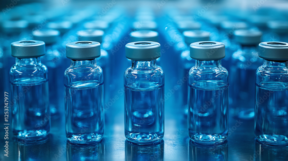 Rows of glass vials filled with clear liquid, symbolizing medical research, pharmaceutical production, and healthcare advancements, shot in a cool blue tone. Rows of glass vials filled with clear liquid, symbolizing medical research, pharmaceutical production, and healthcare advancements, shot in a cool blue tone.