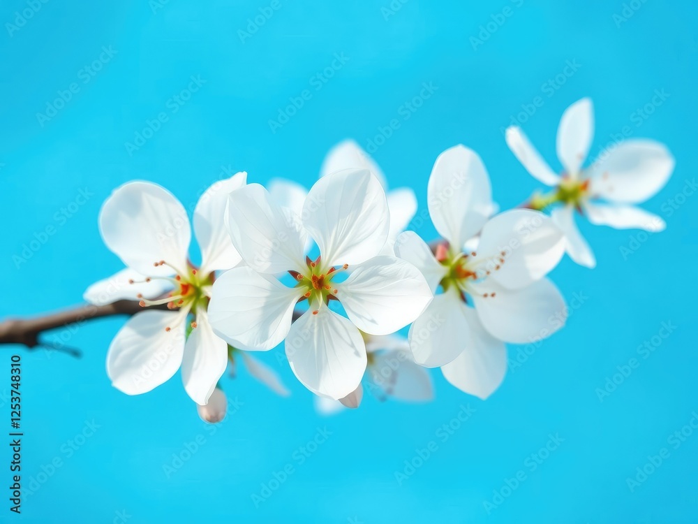 White cherry blossom with delicate petals on a vibrant blue background, delicate, floral, flower White cherry blossom with delicate petals on a vibrant blue background, delicate, floral, flower