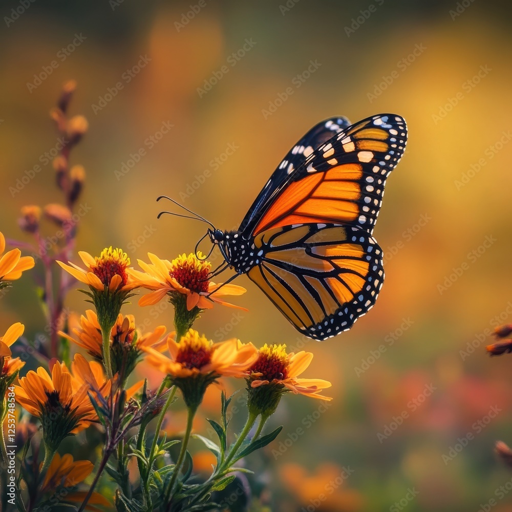 Beautiful Monarch Butterfly in a Vibrant Garden Among Stunning Orange Flowers Surrounded by Nature's Soft Light and Colors Beautiful Monarch Butterfly in a Vibrant Garden Among Stunning Orange Flowers Surrounded by Nature's Soft Light and Colors