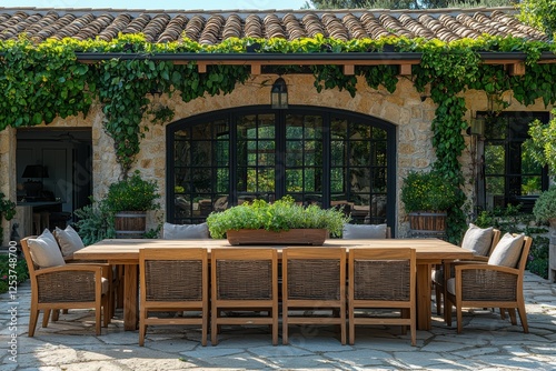 Chic outdoor patio dining experience with wooden set in lush garden relaxing ambiance high fidelity design photo