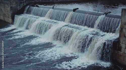 Waterfalls cascading over industrial dam