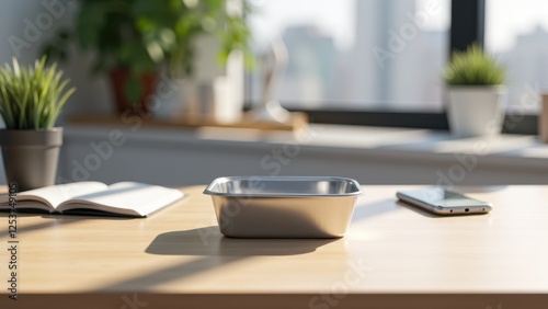 Wallpaper Mural Takeout Container Mockup, Office desk scene with a silver takeout container mockup focused and photorealistic. Torontodigital.ca