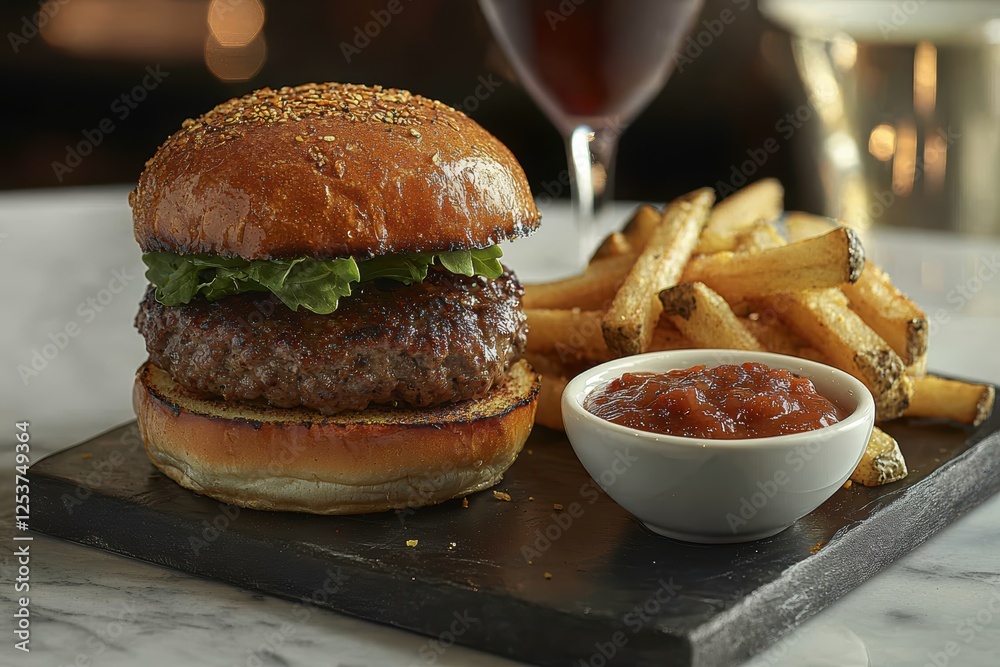 Savoring a classic cheeseburger and fries gourmet restaurant food photography indoor dining close-up culinary delight Savoring a classic cheeseburger and fries gourmet restaurant food photography indoor dining close-up culinary delight