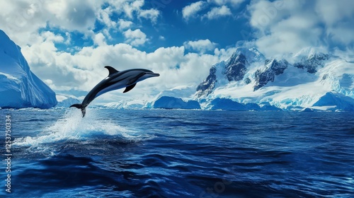 A playful hourglass dolphin jumping through the icy waves of the Antarctic Ocean photo