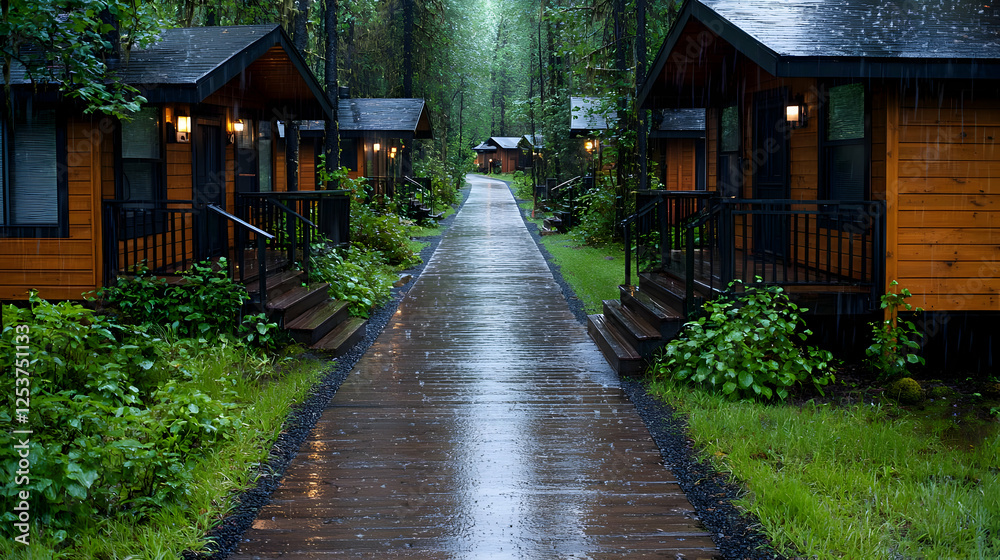 Obraz premium Rainy day at cabin village, forest path. Vacation rental marketing